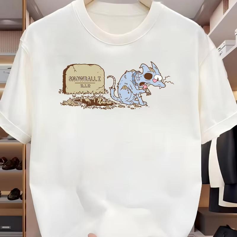 

2025-26 Unisex s Casual100% cotton printed T-shirt with Snowball Cat Print Pattern and Text Design, Round-neck Short-sleeved Top S
