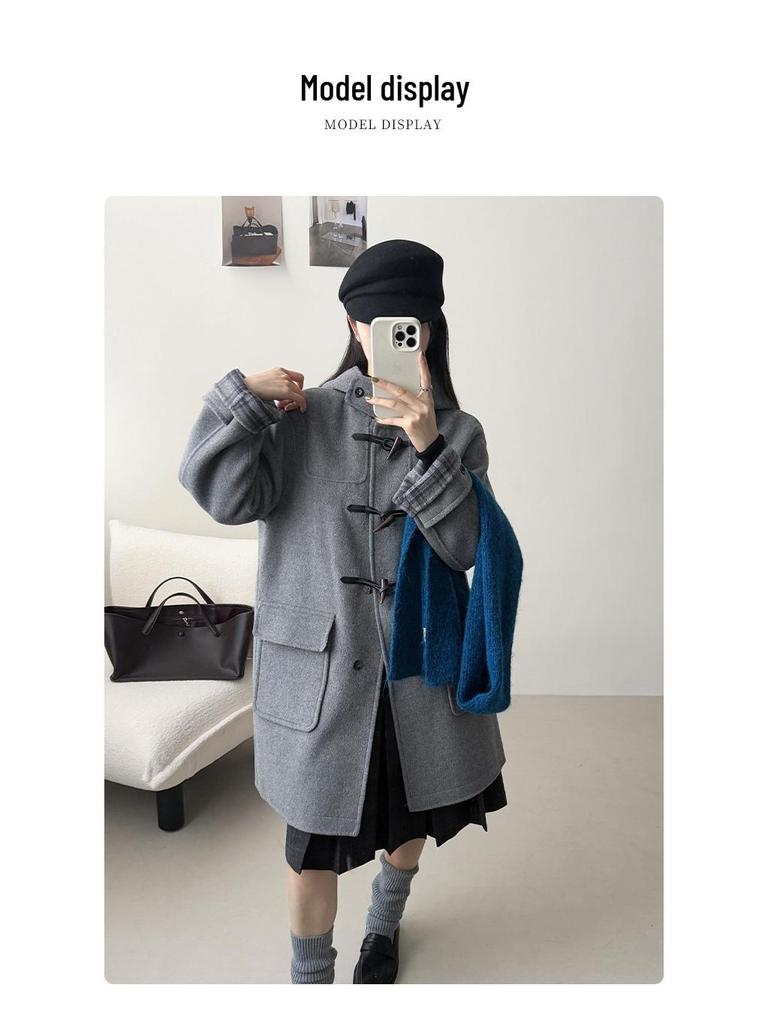 Cappotto da Donna E-Family in Misto Lana con Cappuccio e Chiusura a Laccio, Stile Preppy, Lunghezza Media