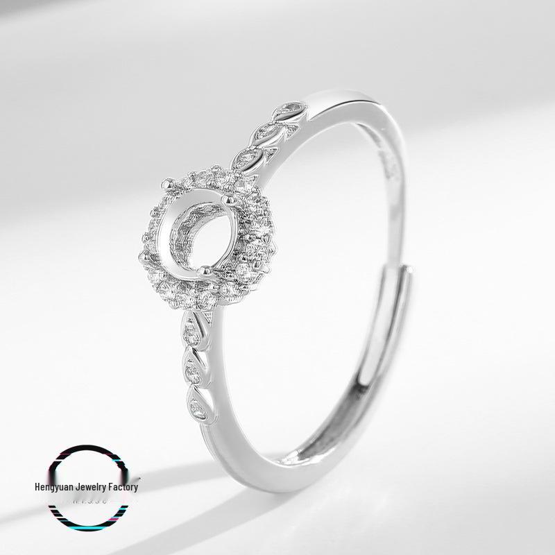 

European & American Niche Design Open Copper Ring with Empty Round Imitation Jade or Huazi Diamond Inlay, 925 Silver Setting Y009 Round 5mm