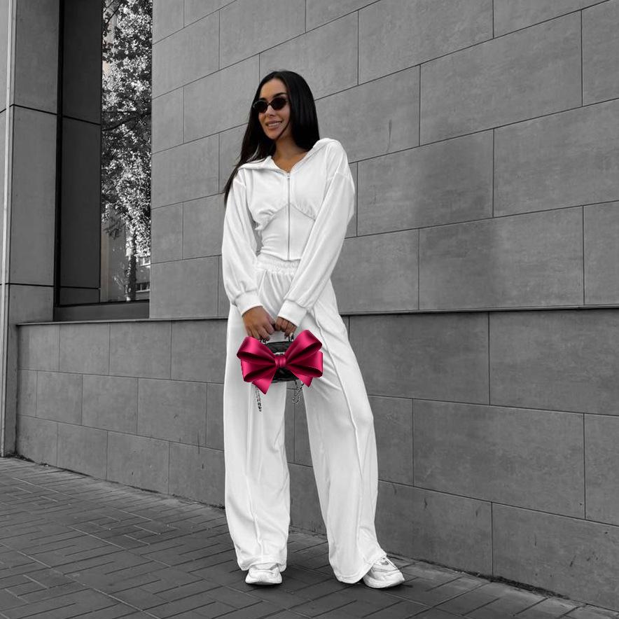 Spice Girl Waist Solid Color Slim Zipper Velvet Jacket Suit Street Style Fashionable Versatile Casual Trousers Women