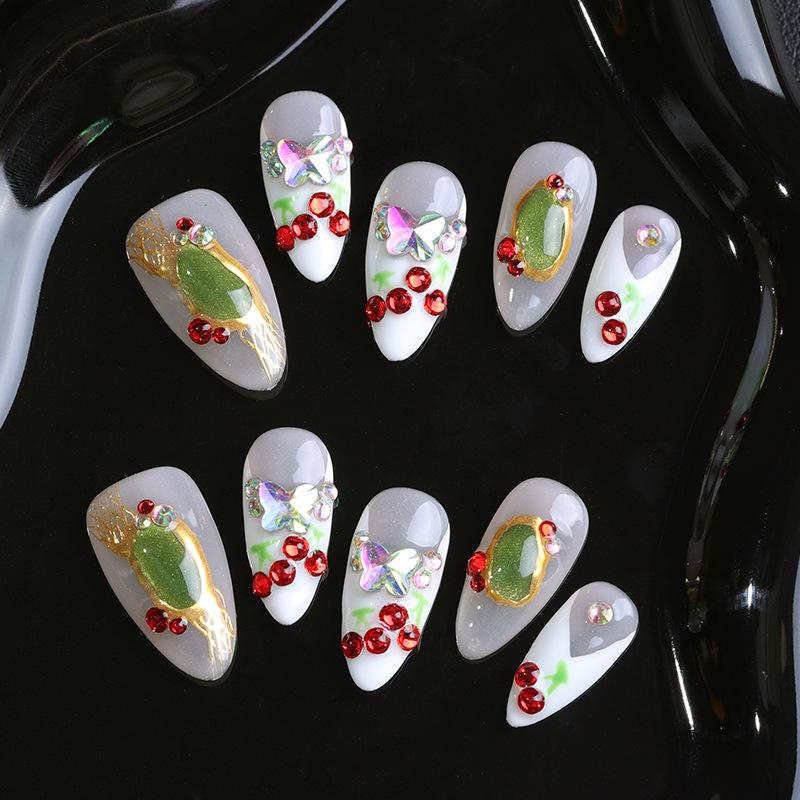 

3D Butterfly Ruby Almond Nails with Crushed Diamonds - Minimalist High-End Nail Art Large