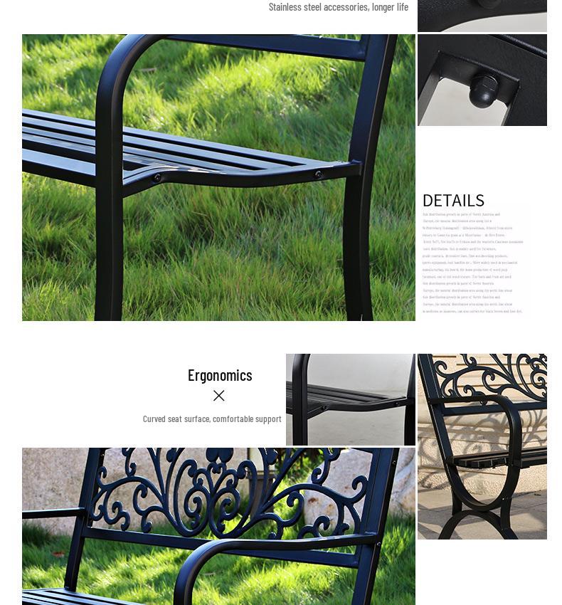 Wrought Iron Outdoor Double Bench with Backrest for Patio or Balcony
