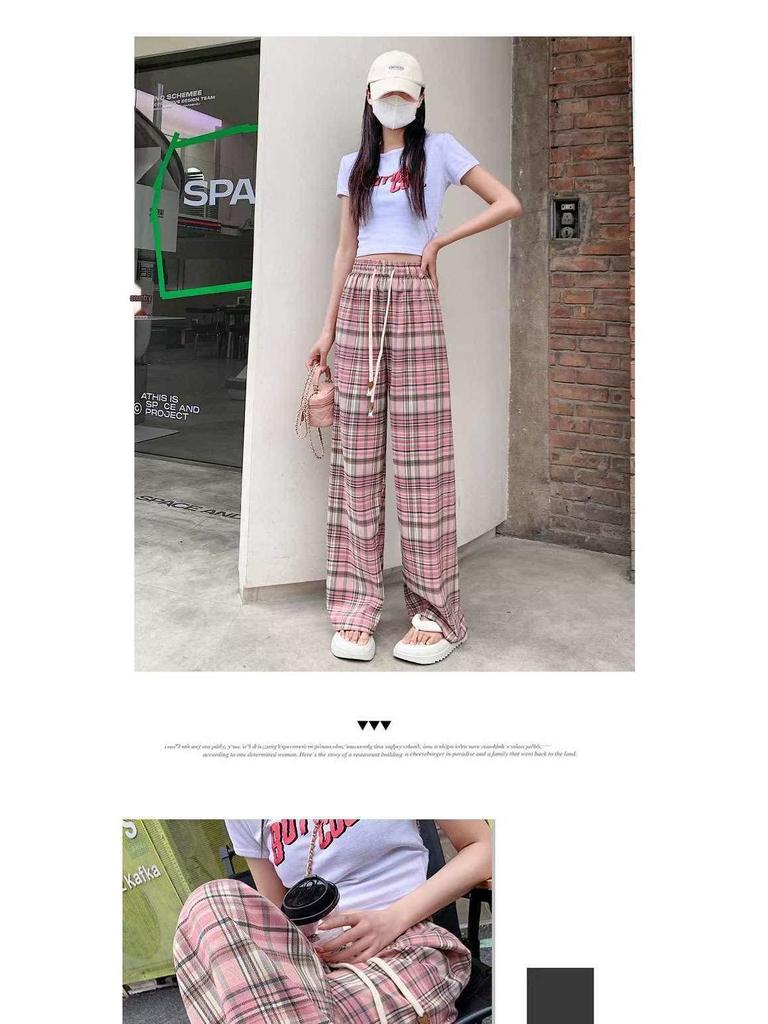 Petite Retro Pink Plaid Wide-Leg Pants, 150cm