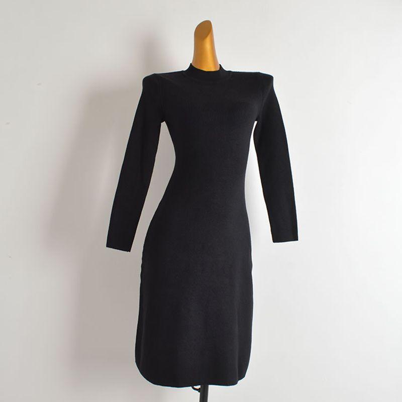 French Simplicity New Arrival Pure Color Half Collar Knitting Dress Women's Clothing Silm Slim Looking Mid Length Long Length Bodycon Dress