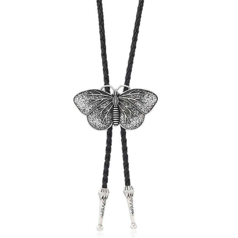 Bolo Tie Cowboy Costume Accessory for Men and Women Adjustable Length Vintage Metal Butterfly Pendant Necktie Necklace