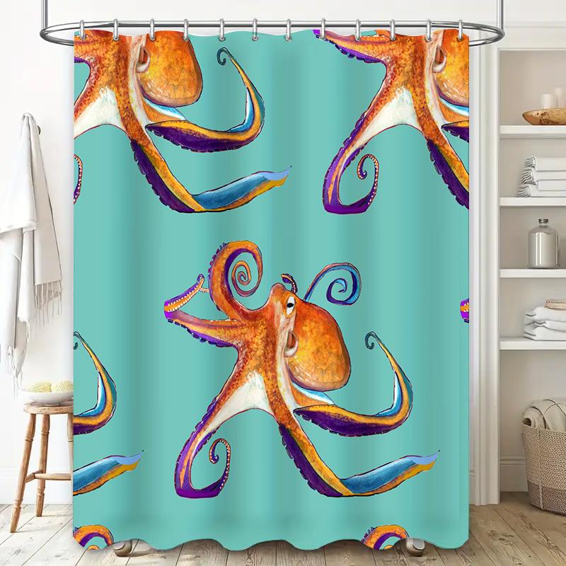 Octopus Print Shower Curtain Waterproof Bath Decorations For Home Decoration Bathroom Accessories Blue Background With Purple Ye