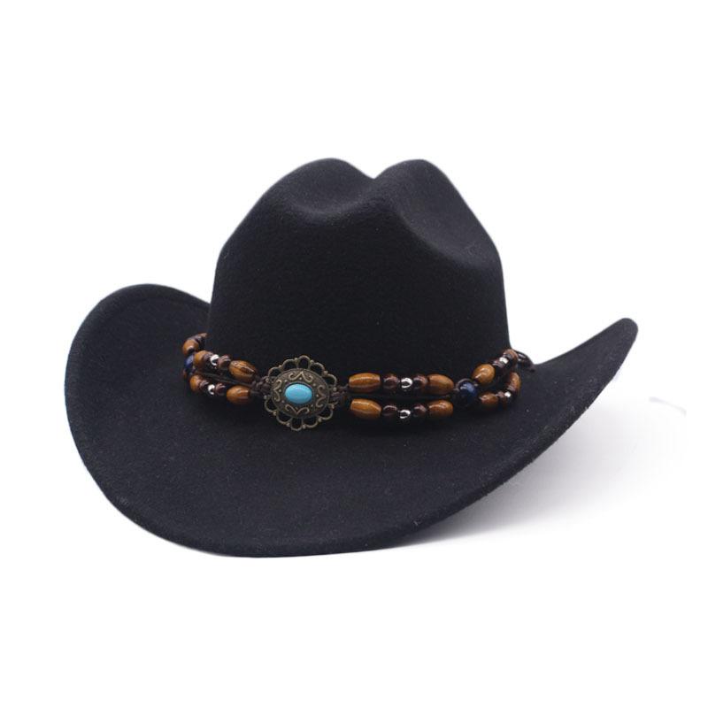 European, American Autumn and Winter Versatile Fashion Woolen Top Hat Men and Women Bead Accessories Top Hat Black Western Cowboy Hat