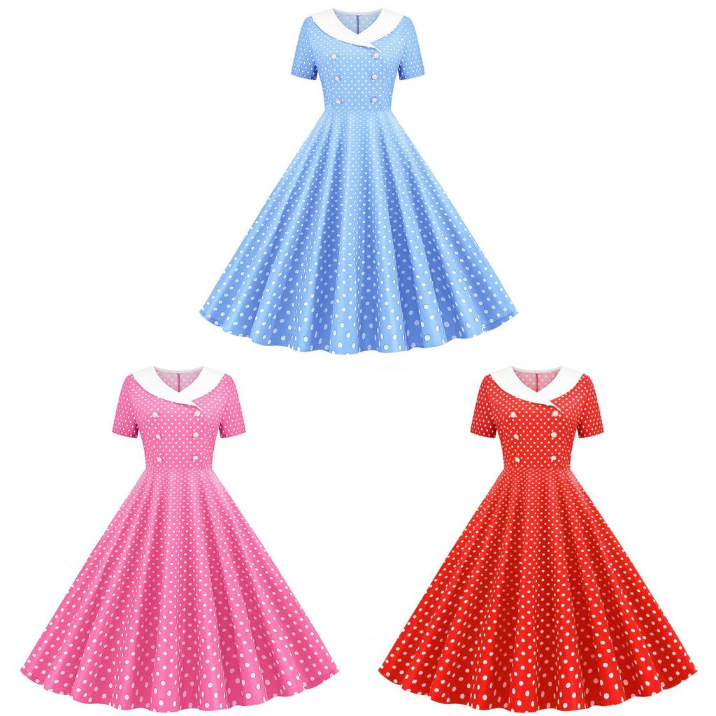 Vintage Polka Dot Print Midi Dress With Splicing Details For Casual Women