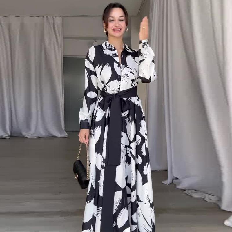 Podzim 2024 Dámské evropské a americké tištěné šaty s dlouhým rukávem, se šerpou a klopovým límcem