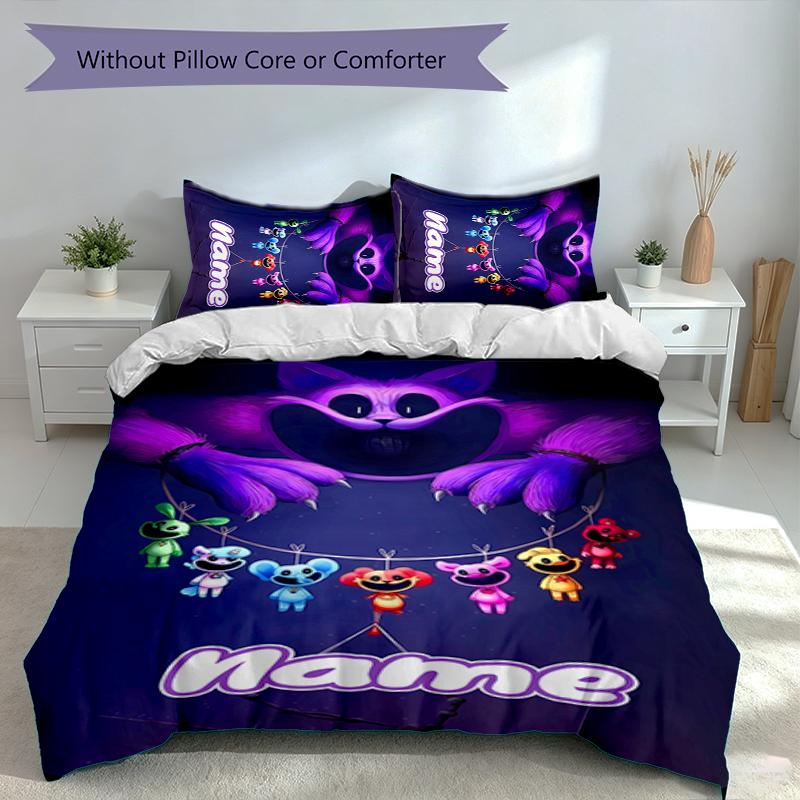 3pcs Custom Name Smiling Critters Bedding Set,Includes 1 Duvet Cover and 2 Pillowcases,All-season Bedroom Decor