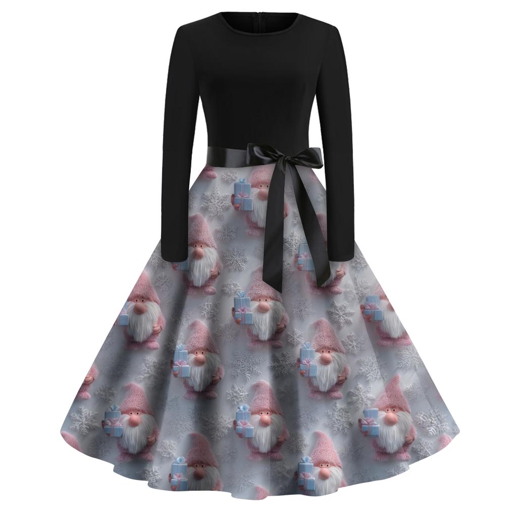 Women's Fashion Round Casual Slim Fit Christmas Print Large Swing Long Sleeve Dress