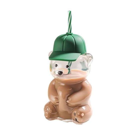 Bear Shape Sippy Cup with Straw Lid 600ml Cute Glass Tumbler for Iced Coffee Milk Tea Juice Dishwasher Safe Reusable Cold Cup for Home Office Travel
