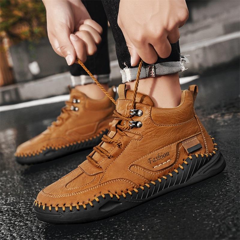 Men Shoes Hand-stitching Leather Men Boots Split Leather Casual Leather Shoes Men Ankle Boots