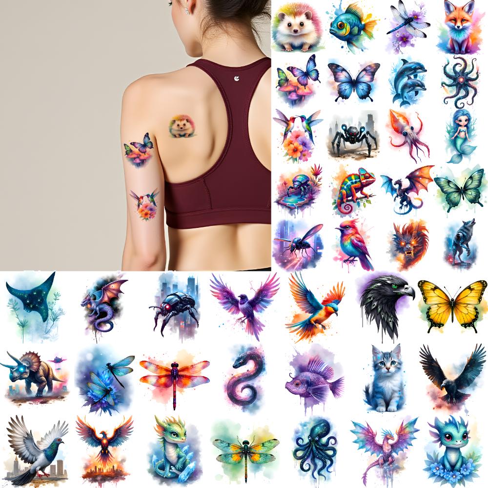 28 Stück Temporäre Tattoos Fantasiewesen Wasserdicht Langanhaltend Körperaufkleber Tierdesigns Aquarell Für Arme Wangen