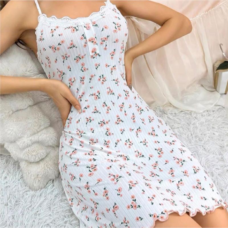 Women's Knitted Floral Print Cami Sleep Dress Thin Strap Lace Trim Nightgown Sexy Sexy V Neck Short Sleepwear Set