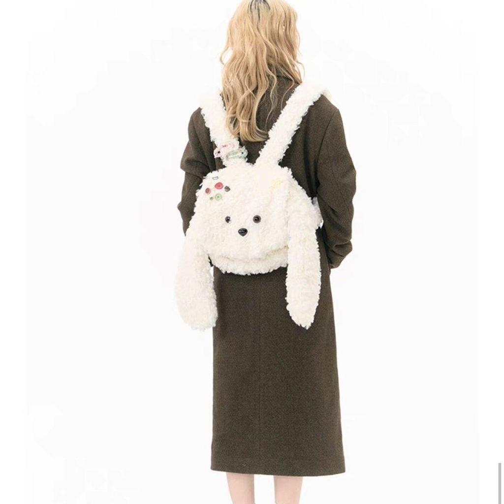 Sac à dos Teddy en Peluche Dessin Animé pour Femmes - Sac d'École Mignon Tendance Automne/Hiver en Blanc