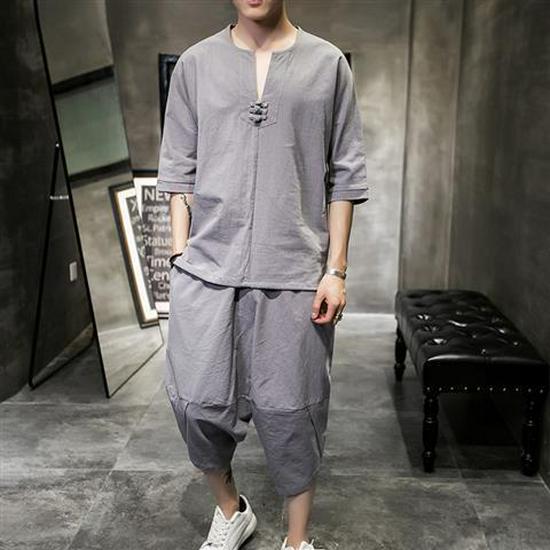 Herren Sommer Leinen T-Shirt & Sieben-Punkt Hose Hanfu Set - Lockere Passform, Übergröße