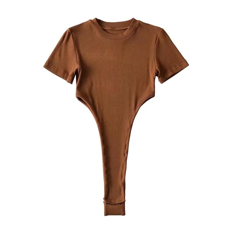 

Summer New round Neck High Fork Midriff Outfit Crotch Women s T-shirt Side Cut Out Silm Stretch One-Piece Ins Tops Brown M