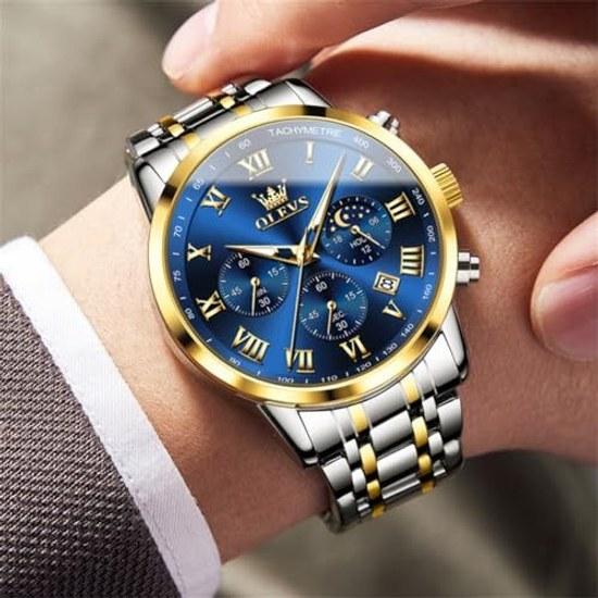 Olevs wristwatch mens silver waterproof analog quartz watch metal band date large dial Roman numerals chronograph Moonwatch