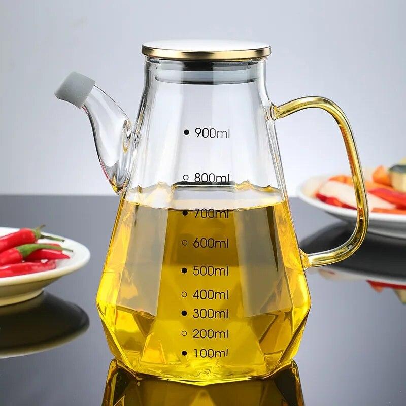 500/700/900ml Home Creative Glass Diamond Oil Bottle with Scale and Handle Kitchen Soy Sauce Vinegar Condiment Storage Container