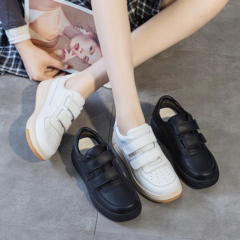 Women's White Platform Sneakers - 5cm Height Boost, Autumn Casual, Velcro, Thick Sole, Genuine Leather.