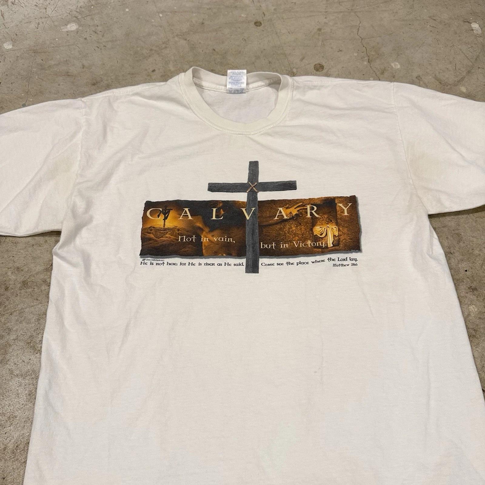 Vtg Mens XL Spell Out Christian Jesus Crucifixion T-T-Shirt White Cotton S