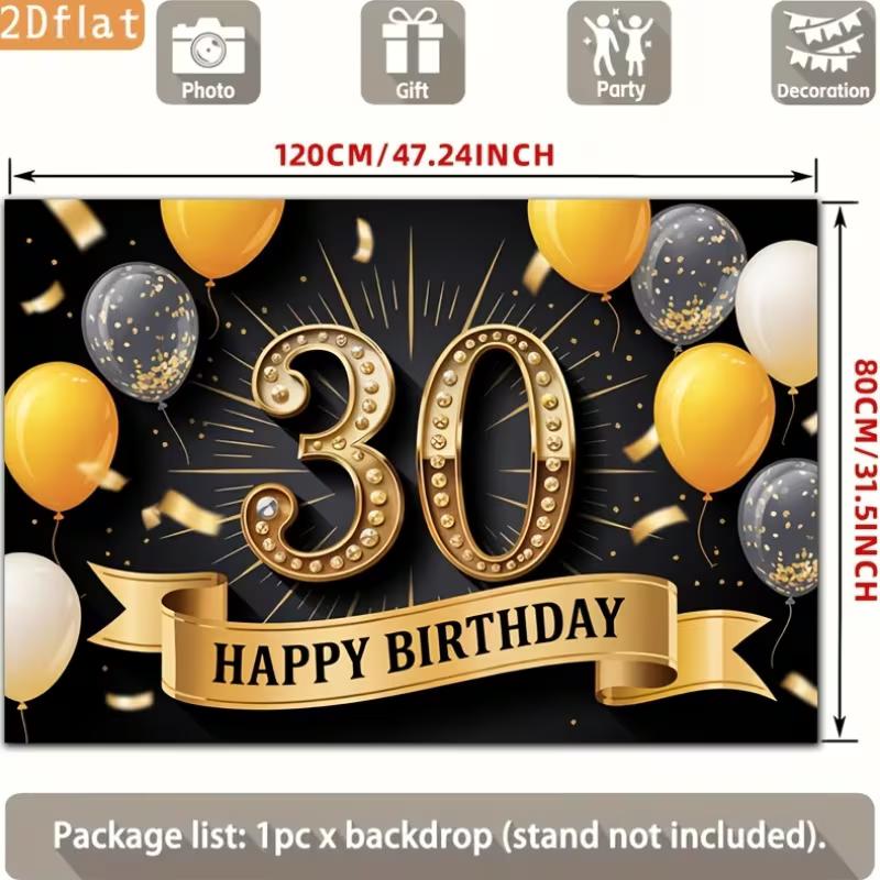 2D 30th Happy Birthday Backdrop, Black Background with Golden Number 30 and Balloons