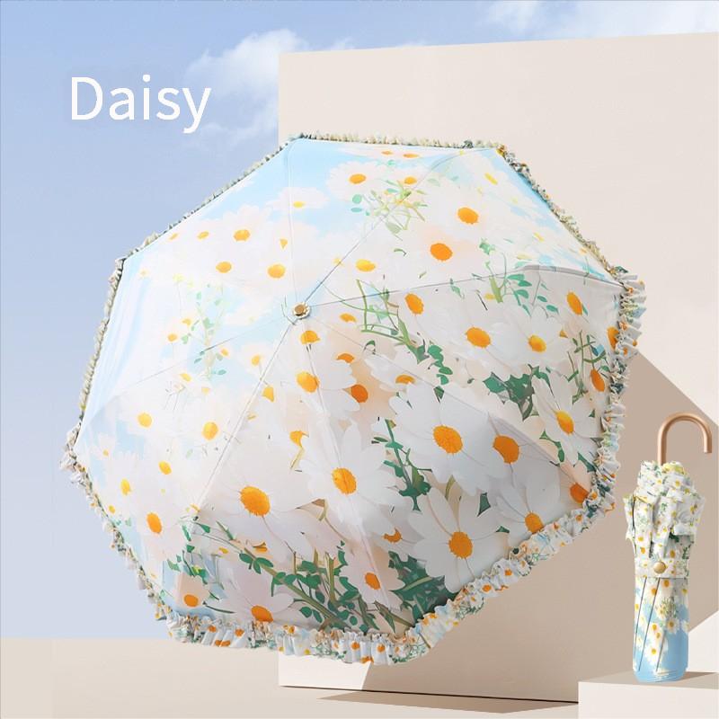 Lace Three-Fold Colored Rubber Anti-Ultraviolet Sun Umbrella Goddess Lightweight Portable Sunshade Umbrella Small Gold Hook Sun