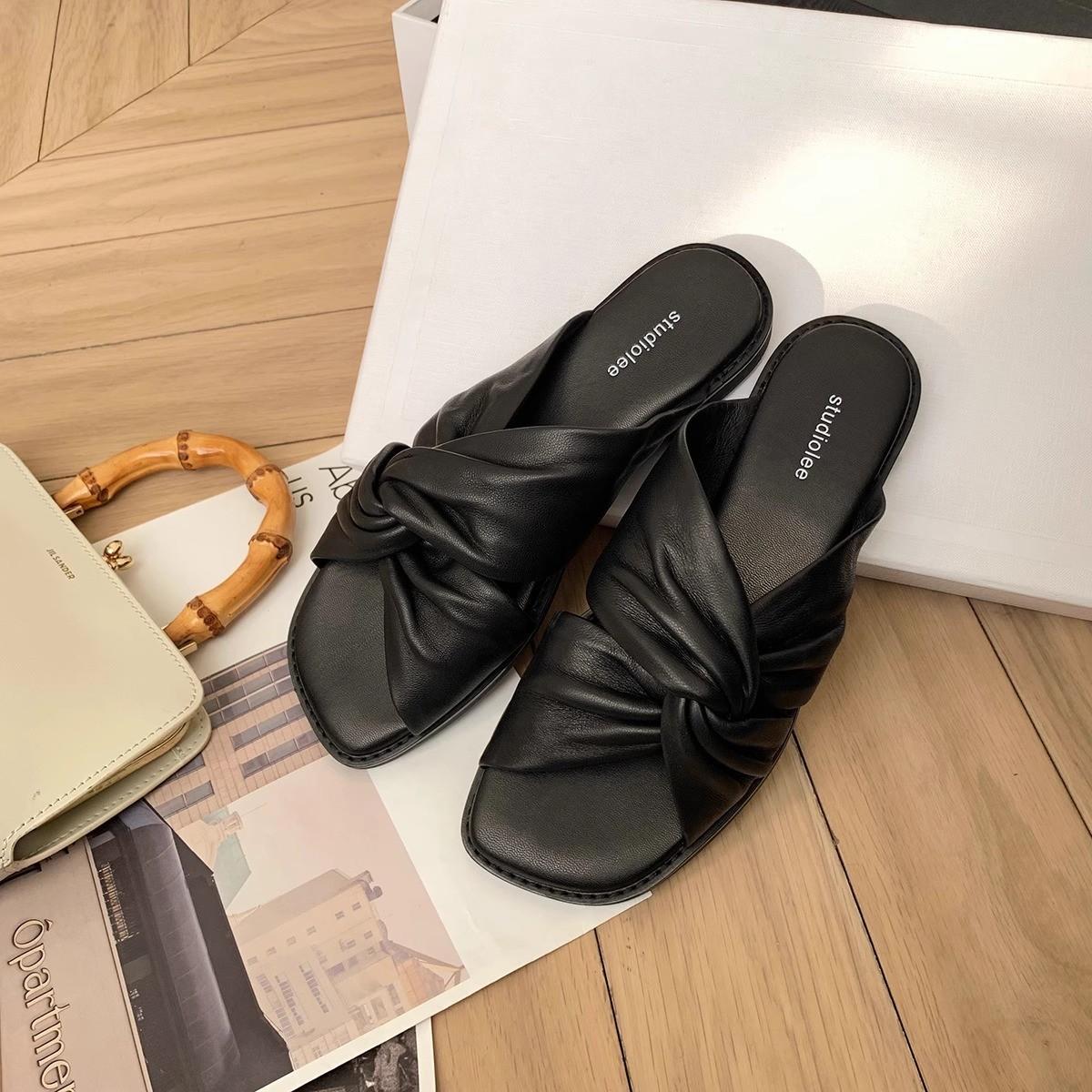 

Sheepskin version~ Huge comfortable leather pleated kinked half slippers women s hollow one-word slippers flat-bottomed small sandals 40