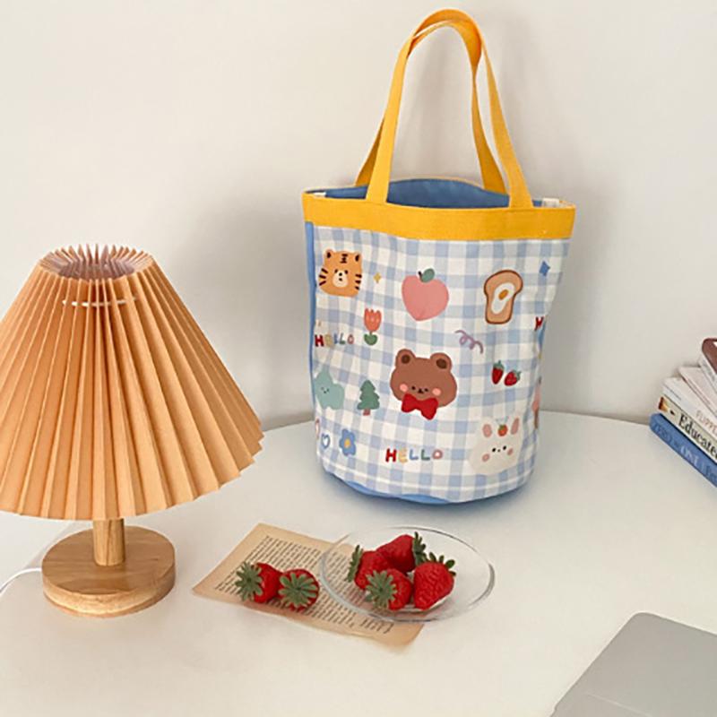 Geantă Găleată Graffiti cu Model Animal Drăguț Portabilă Geantă Cilindrică cu Inscripție Ins Geantă Canvas pentru Bento Geantă de Mână pentru Cutia de Prânz