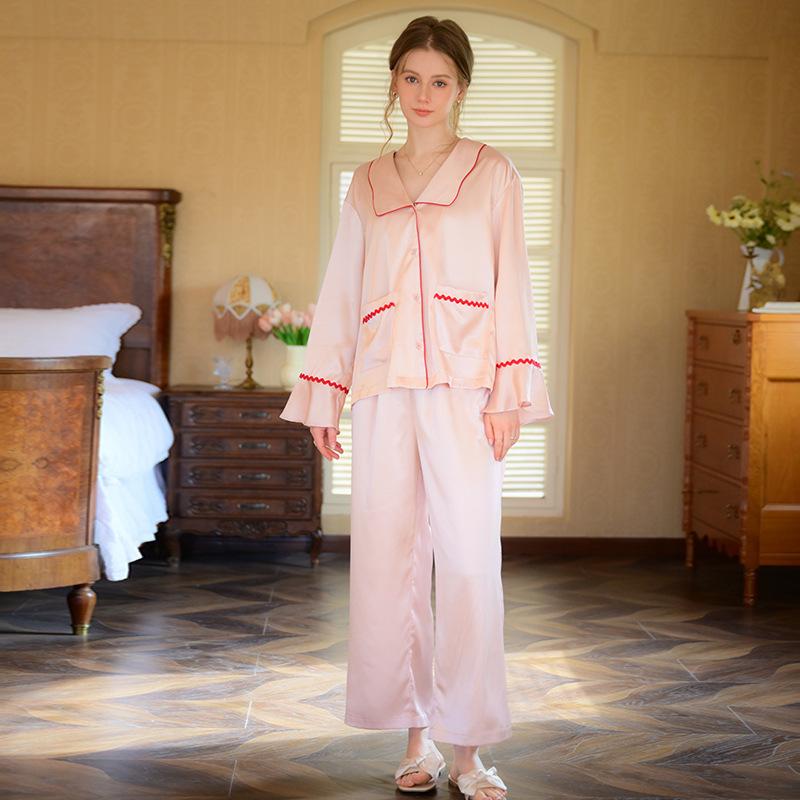

Пижама из шелка Ice Silk, женская, с длинными рукавами, весенне-летняя, тонкая, комплект из двух предметов, свободная и роскошная, французская ретро-домашняя одежда, лето XL розовый