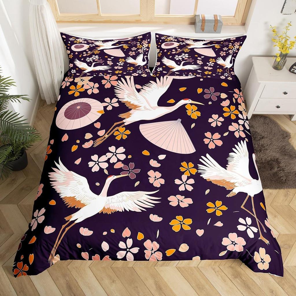 Crane Duvet Cover Twin King Traditional Chinese Style Painting Quilt Cover Chrysanthemum Flower Floral Bedding Set For Dorm Room