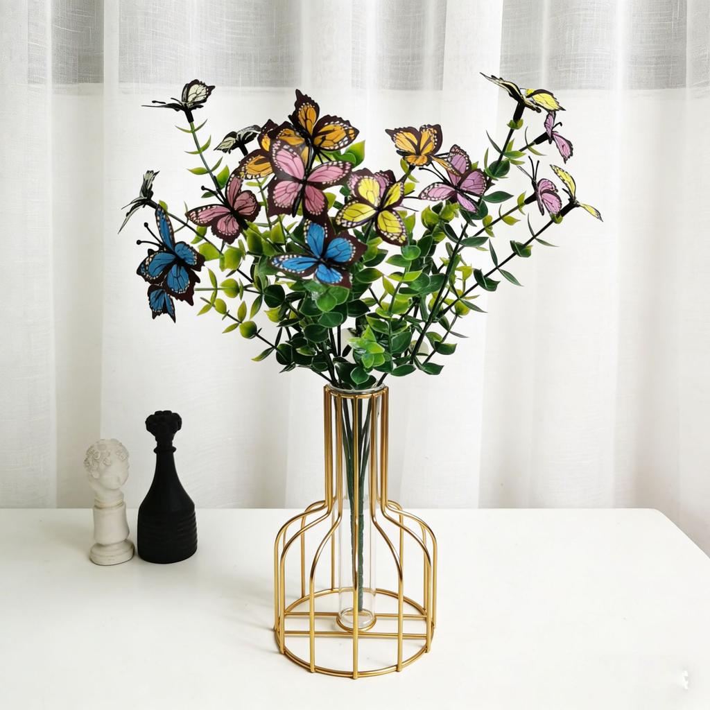10pcs Colorful Butterfly Stems with Green Leaves In Wood Pot Artificial Butterfly Picks for Autumn Decor Home Decoration