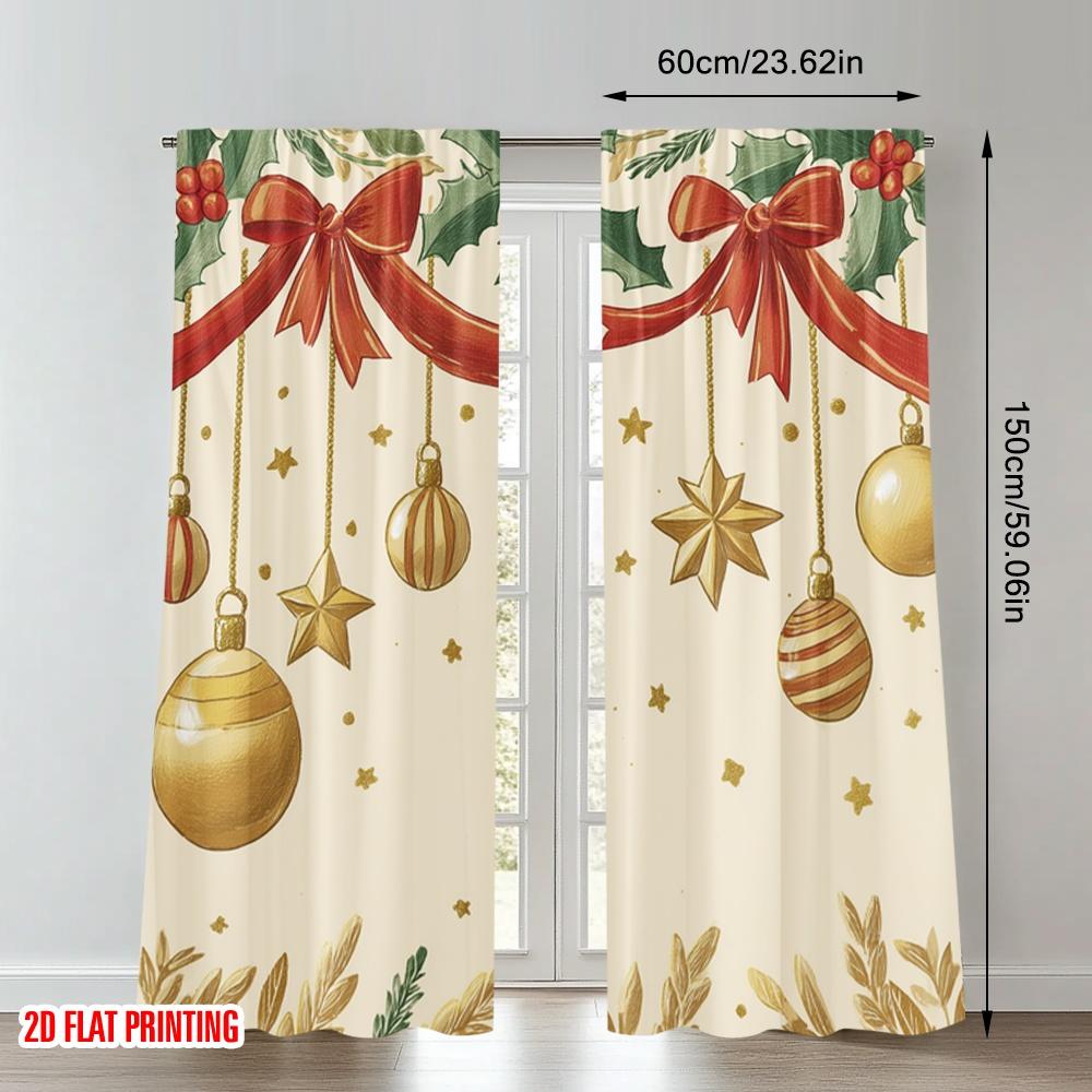 Flachdruck Frohe Weihnachten Mode Vorhänge Stechpalme Schleife Sterne Ornament Digital Bedruckt Polyester Vorhänge Set von 2 Hergestellt