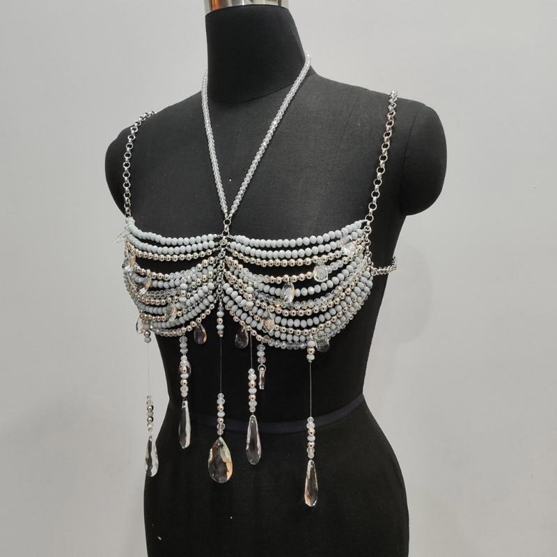 Women's Glass Crystal Beads Body Jewelry Multi Layered Chest Chain Bralette For Music Festival And Photoshoot Costumes