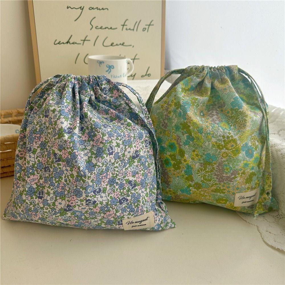Multi-Purpose Cotton Drawstring Storage Bag Floral Print Dustproof Makeup Bag Portable Ins Style Cosmetic Bags Travel Use