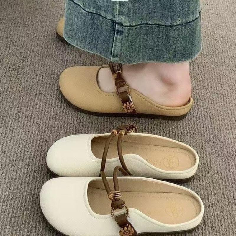 

Slippers women s spring new bag head flat bottom one pedal half drag round head shallow mouth versatile single shoes women 35 бежевый