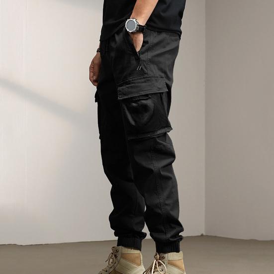 Men Cargo Pants Ankle-banded Loose Solid Color Multi Pockets Soft Breathable Drawstring Elastic Waist Casual Sport Men Sweatpants Long Trousers