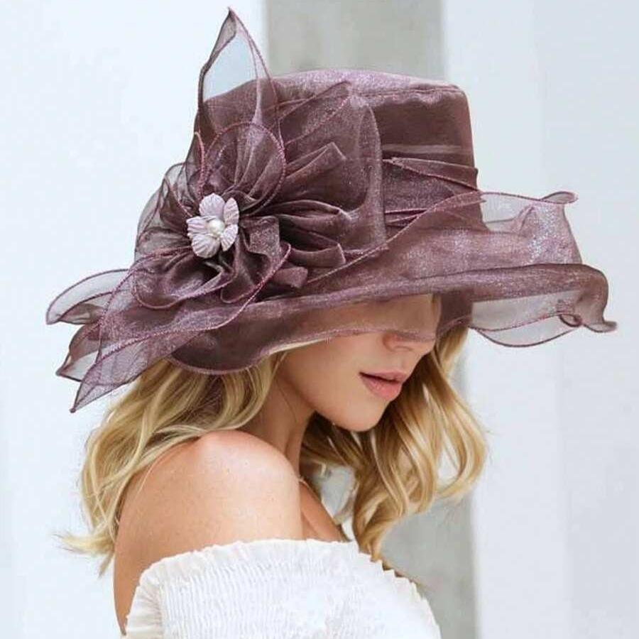 Eleganter Damen-Sonnenhut mit floralem transparentem Schleier, gewellter Rand, breite Krempe, Sommer-Outdoor-Hut