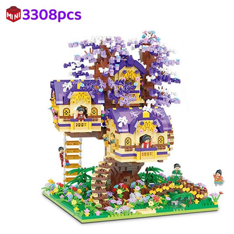 Creative Building Forest Tree House Cabin Water wheel Swing River Mini Blocks Bricks DIY Architecture Toy For Childrens