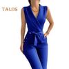 Summer Women Jumpsuit Sleeveless V Neck Slim Fit Button Decor Lace-up Strap Pure Color Wide Leg Formal Business Style Commuting Jumpsuit
