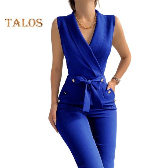 Summer Women Jumpsuit Sleeveless V Neck Slim Fit Button Decor Lace-up Strap Pure Color Wide Leg Formal Business Style Commuting Jumpsuit