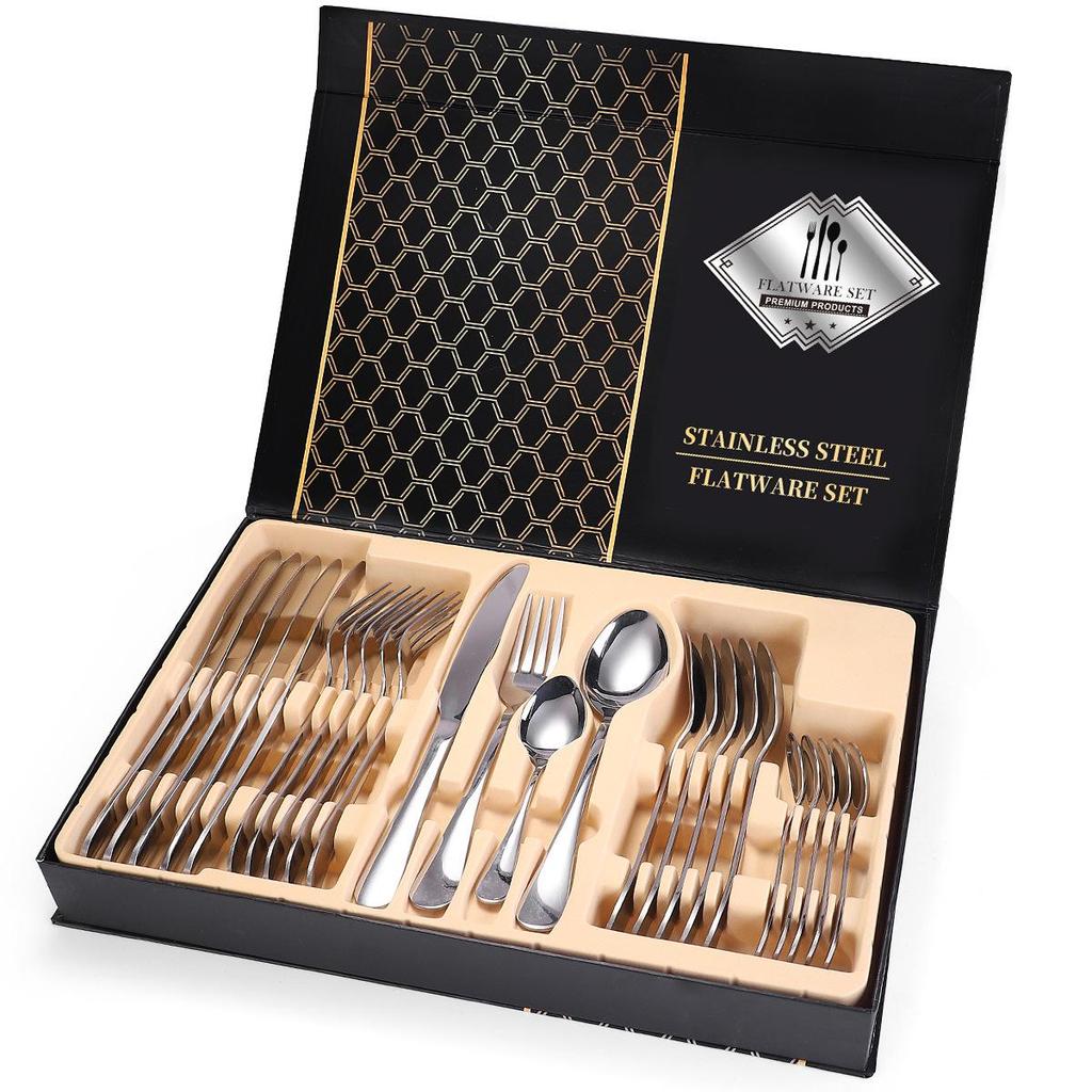 24-Piece Gold Stainless Steel Cutlery Set with Knife, Fork, Spoon & Household Storage Rack In Gift Box