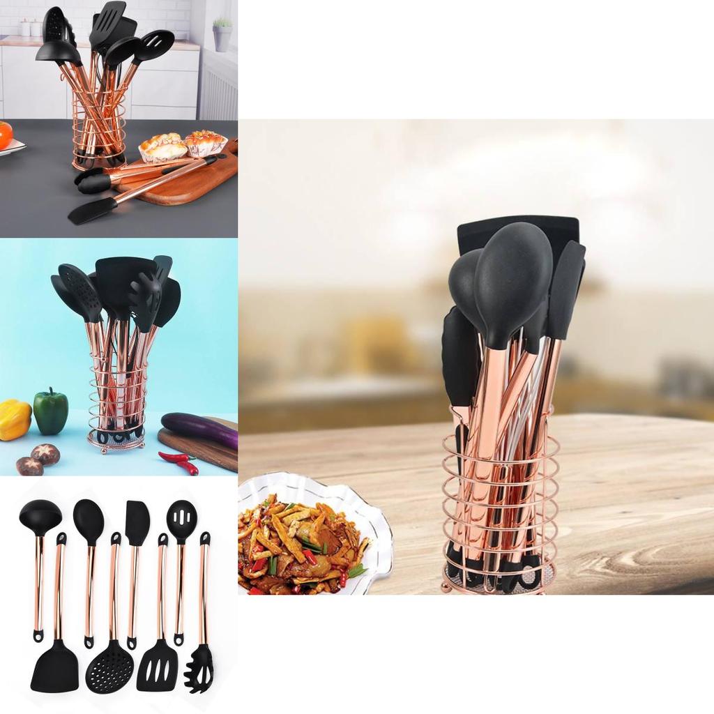Mångsidigt Svart Silikon och Rostfritt Stål Köksredskapsset Tolvdelat Non-stick Matlagningsnödvändigheter