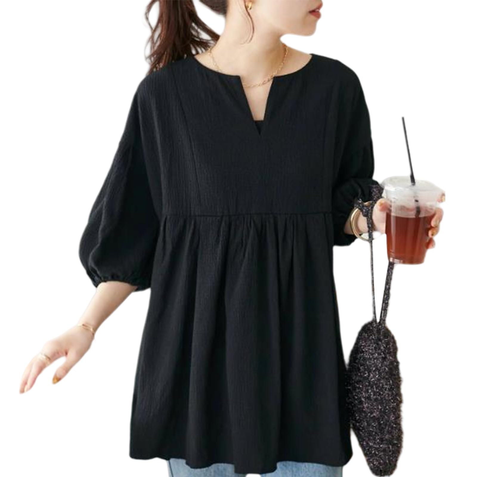 

DayaEmmoTQ Puff Sleeve Lace Ruffle Chiffon Loose Office Plus Cut and Fall Women s V-Neck Blouse, Elegant, Cool, Soft, Stylish, Fit, Cute, Wear, Sizes, чёрный