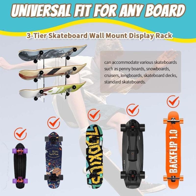 Acrylic Skateboard Hanger Snowboard Storage Rack 3 Layer Skateboard Display Shelf Space Saving Wall Organizer Enduring