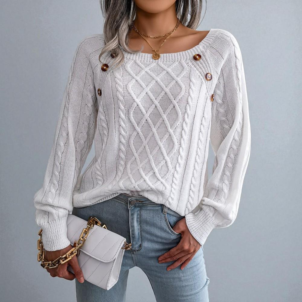 2025 Autumn/Winter Women s Long Sleeve Cable Knit Sweater Pullover Large белый