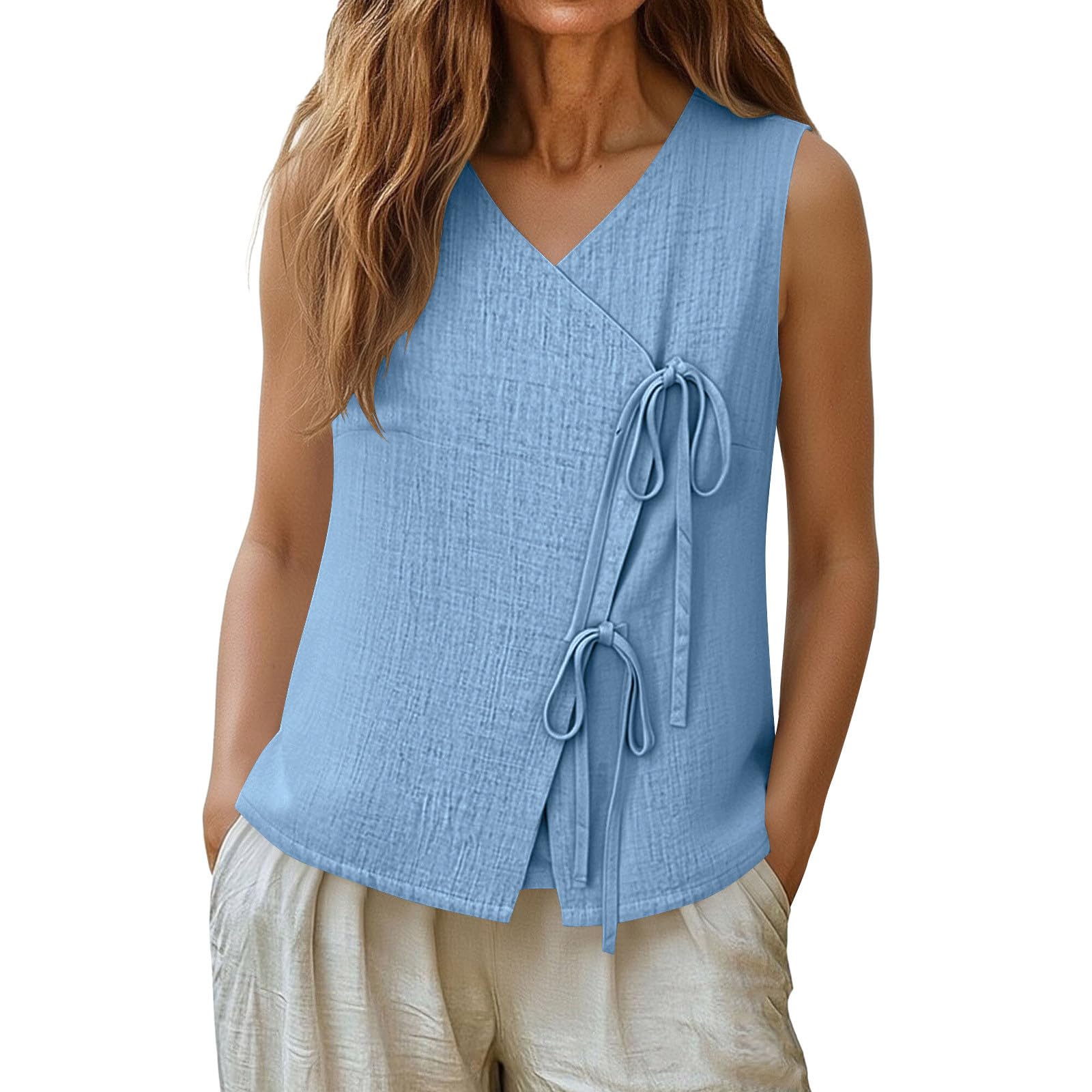 

Womens Spring Tops Sleeveless V Neck Wrap Design Summer Shirts for Women Casual Fit Blouse Womens Summer Tops Dressy Casual XL небо синє кольору