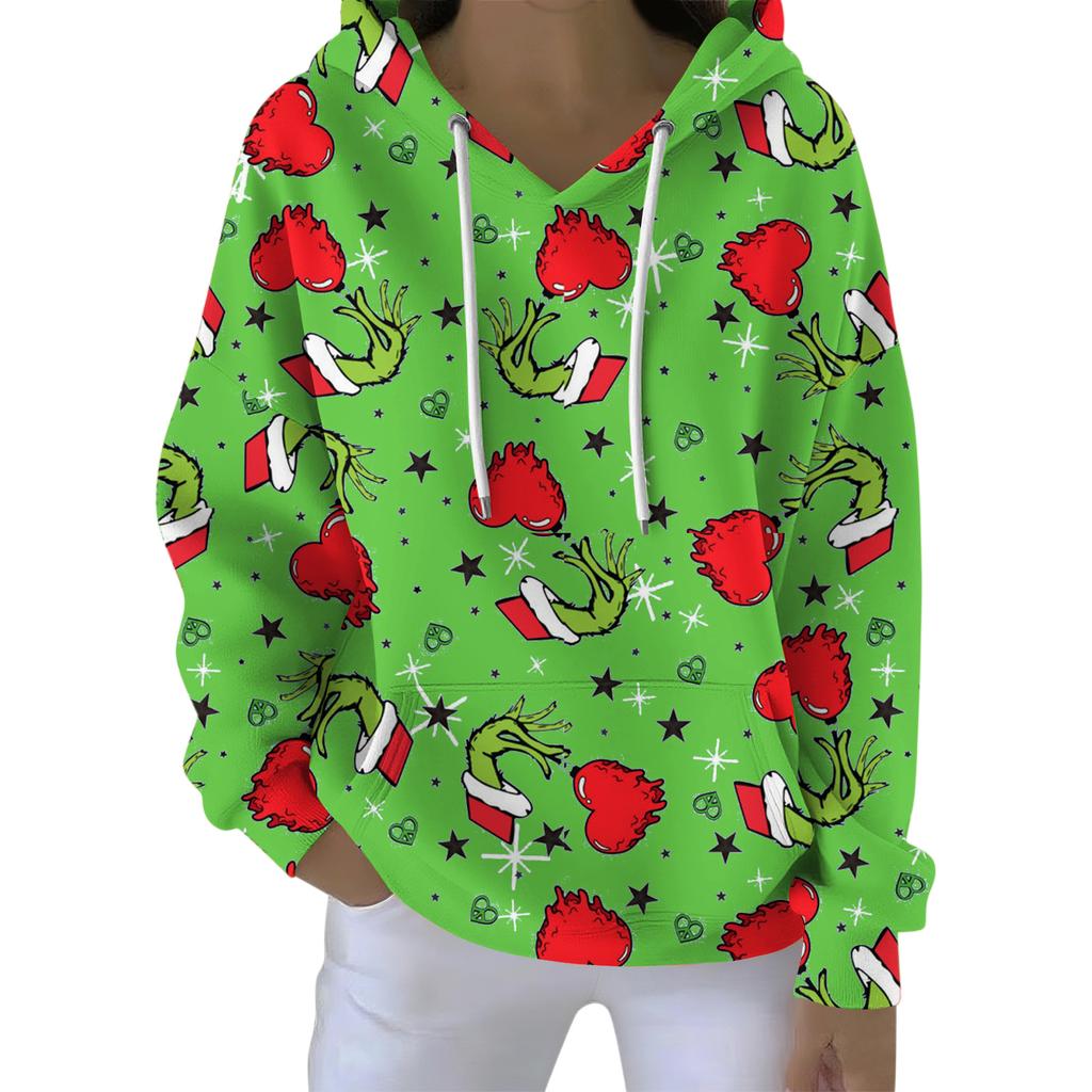 Ladies' Loose And Comfortable Drawstring V-neck Long Sleeved Christmas Printed Sweatshirt