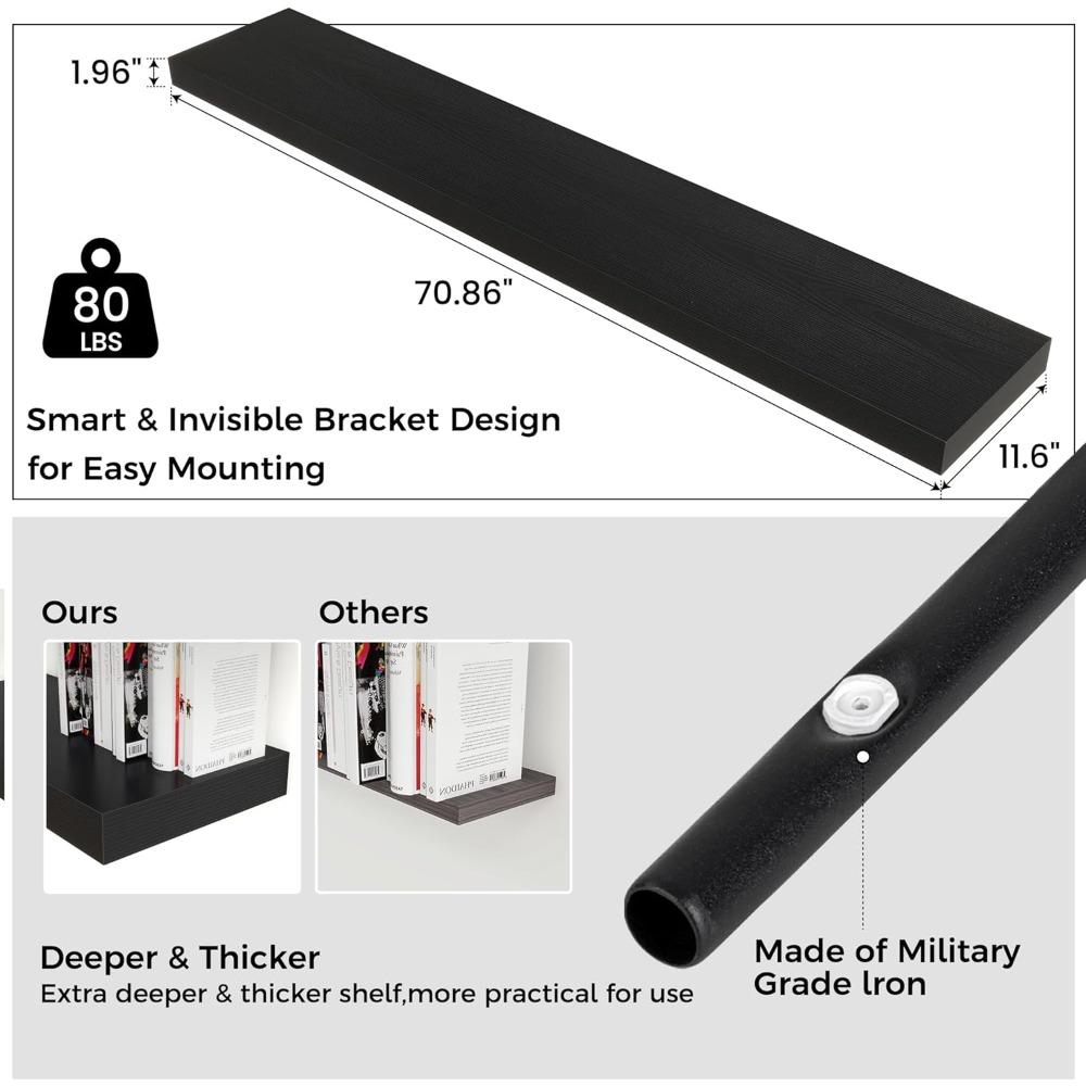 Extended Wall-Mounted Shelves, 72 Wide X 11.6 Deep X 2 High, Set of One Engineered Wood Shelf with Concealed Brackets